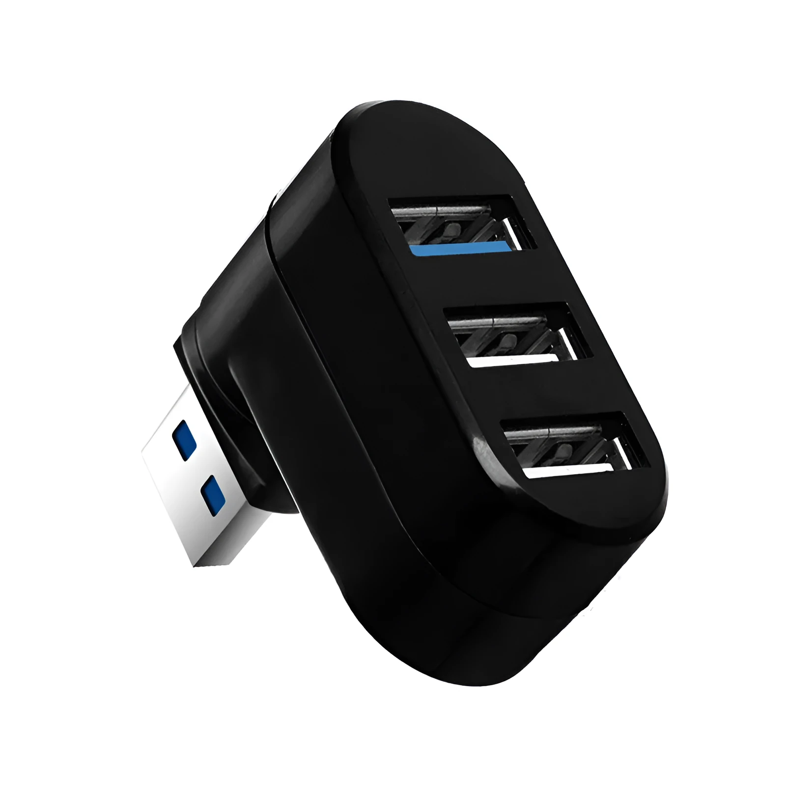 Black or white USB 2.0 rotary splitter hub with four ports on a blister card.