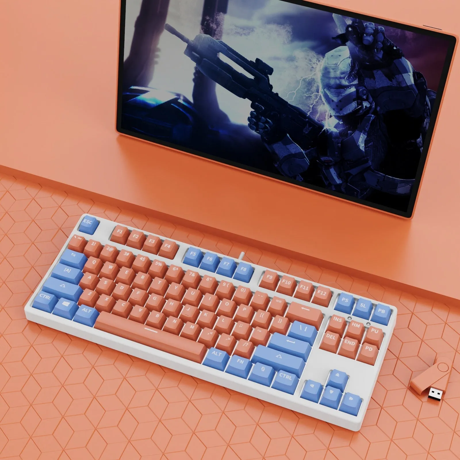87-key wired mechanical gaming keyboard with hot-swappable switches in dual-colour keycap configuration
