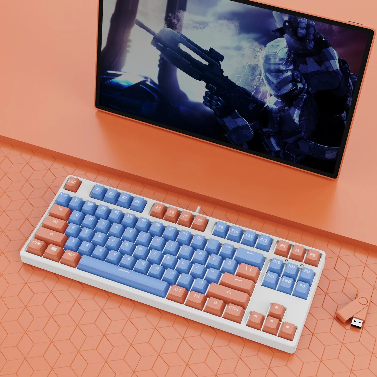 87-key wired mechanical gaming keyboard with hot-swappable switches in dual-colour keycap configuration