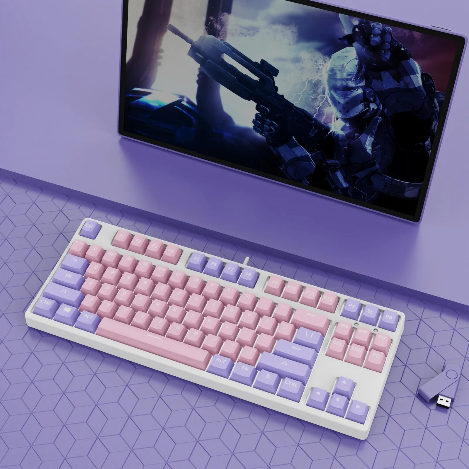 87-key wired mechanical gaming keyboard with hot-swappable switches in dual-colour keycap configuration