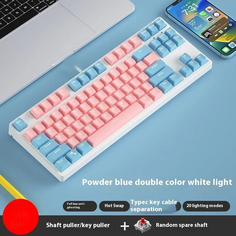 87-key wired mechanical gaming keyboard with hot-swappable switches in dual-colour keycap configuration