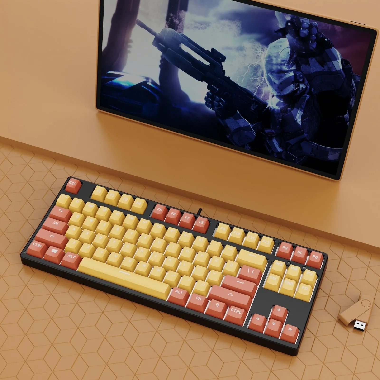 87-key wired mechanical gaming keyboard with hot-swappable switches in dual-colour keycap configuration