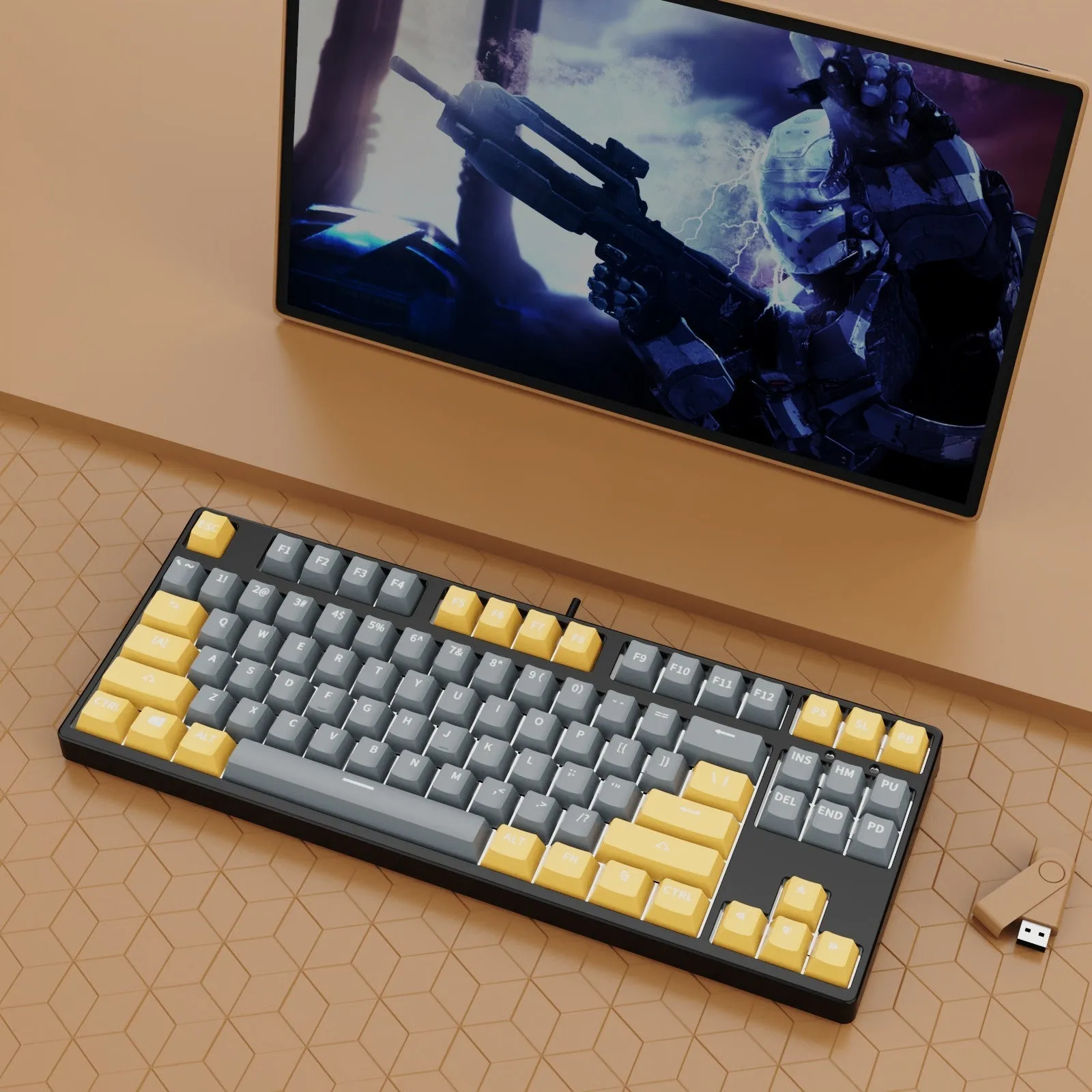 87-key wired mechanical gaming keyboard with hot-swappable switches in dual-colour keycap configuration
