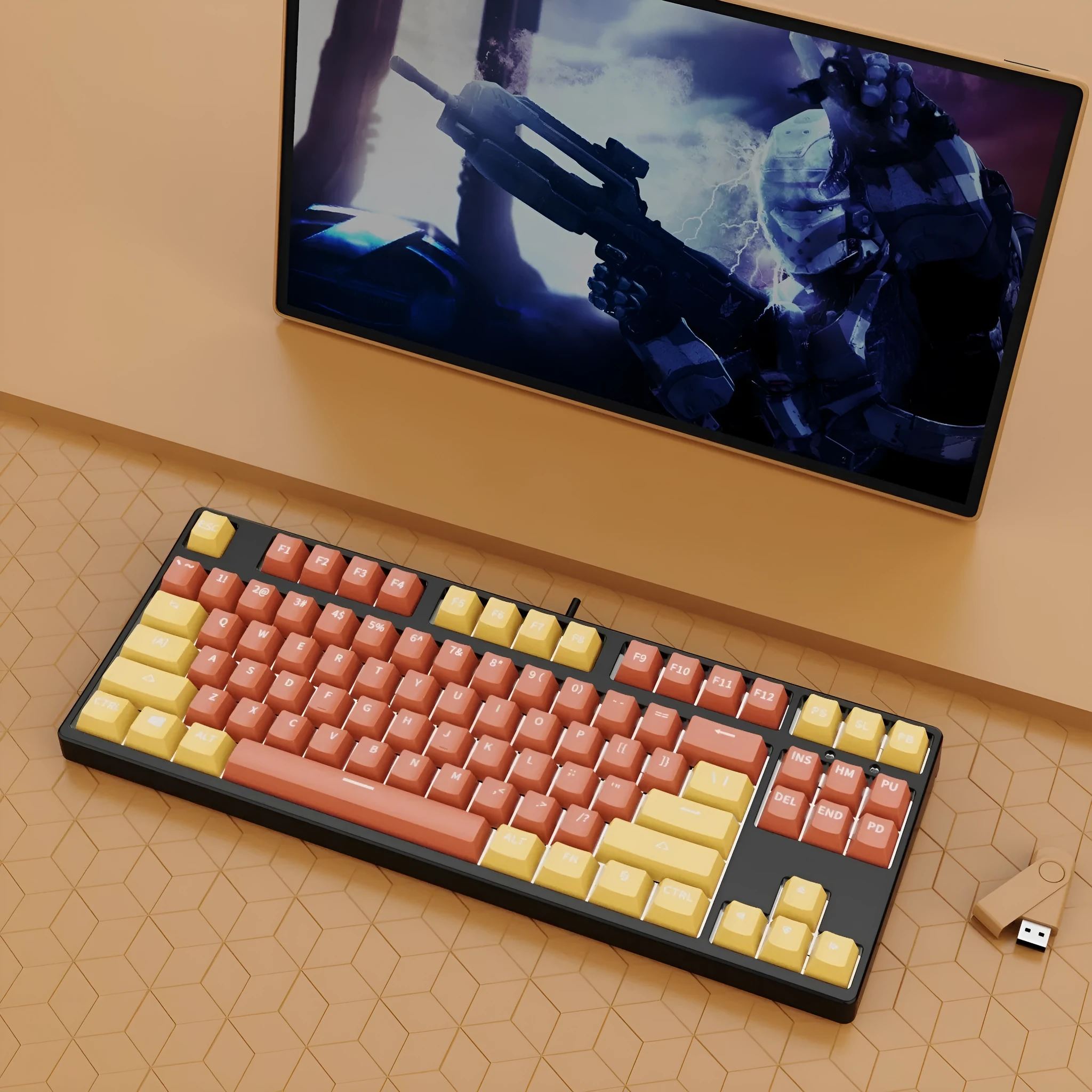 87-key wired mechanical gaming keyboard with hot-swappable switches in dual-colour keycap configuration