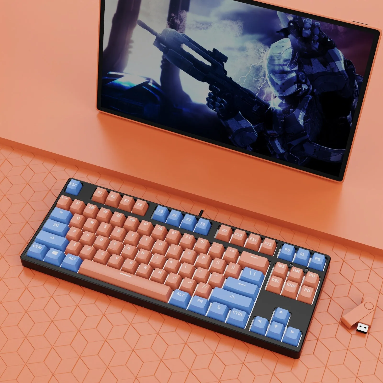 87-key wired mechanical gaming keyboard with hot-swappable switches in dual-colour keycap configuration