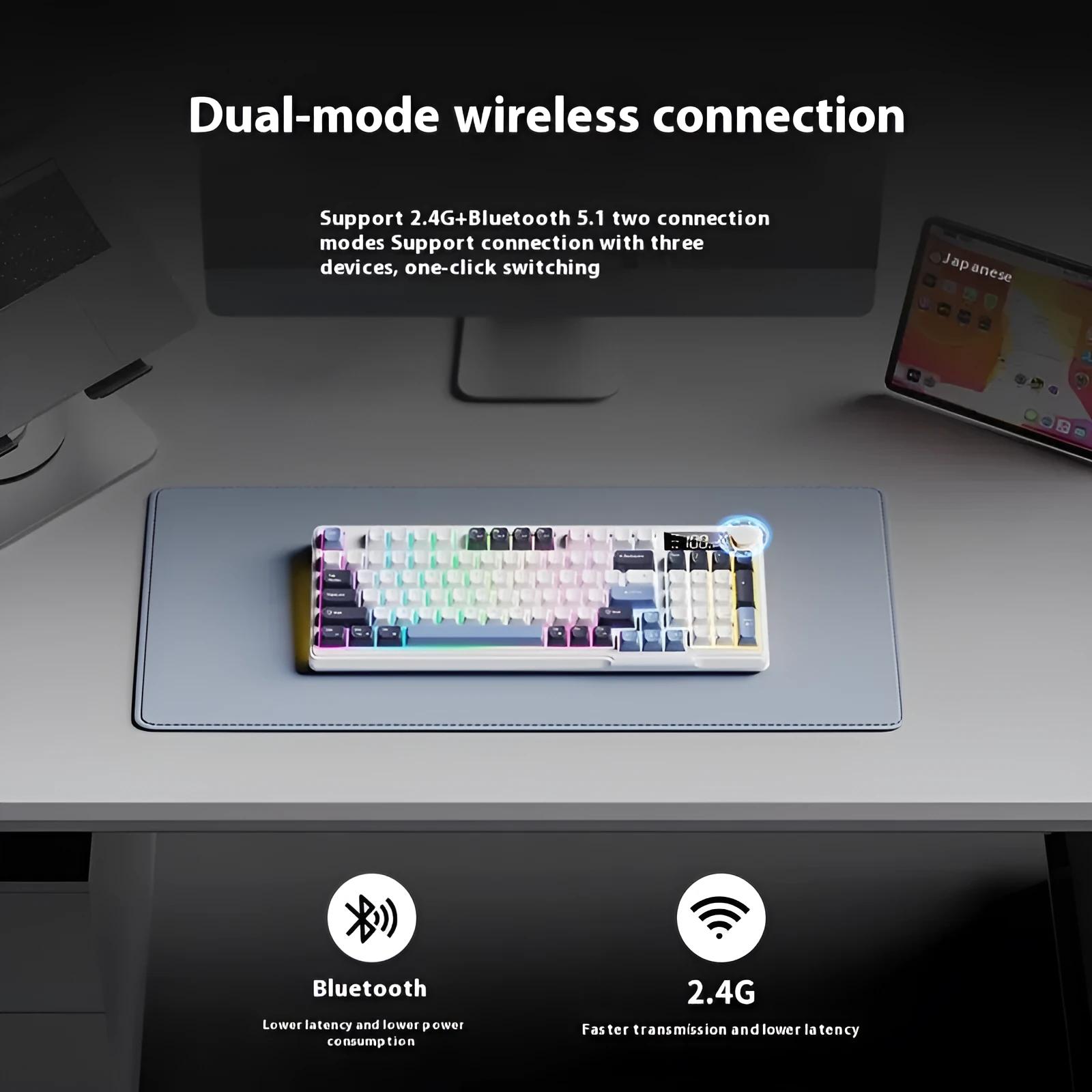 Wireless Bluetooth keyboard and mouse combo in blue and white colour with mechanical feel keycaps
