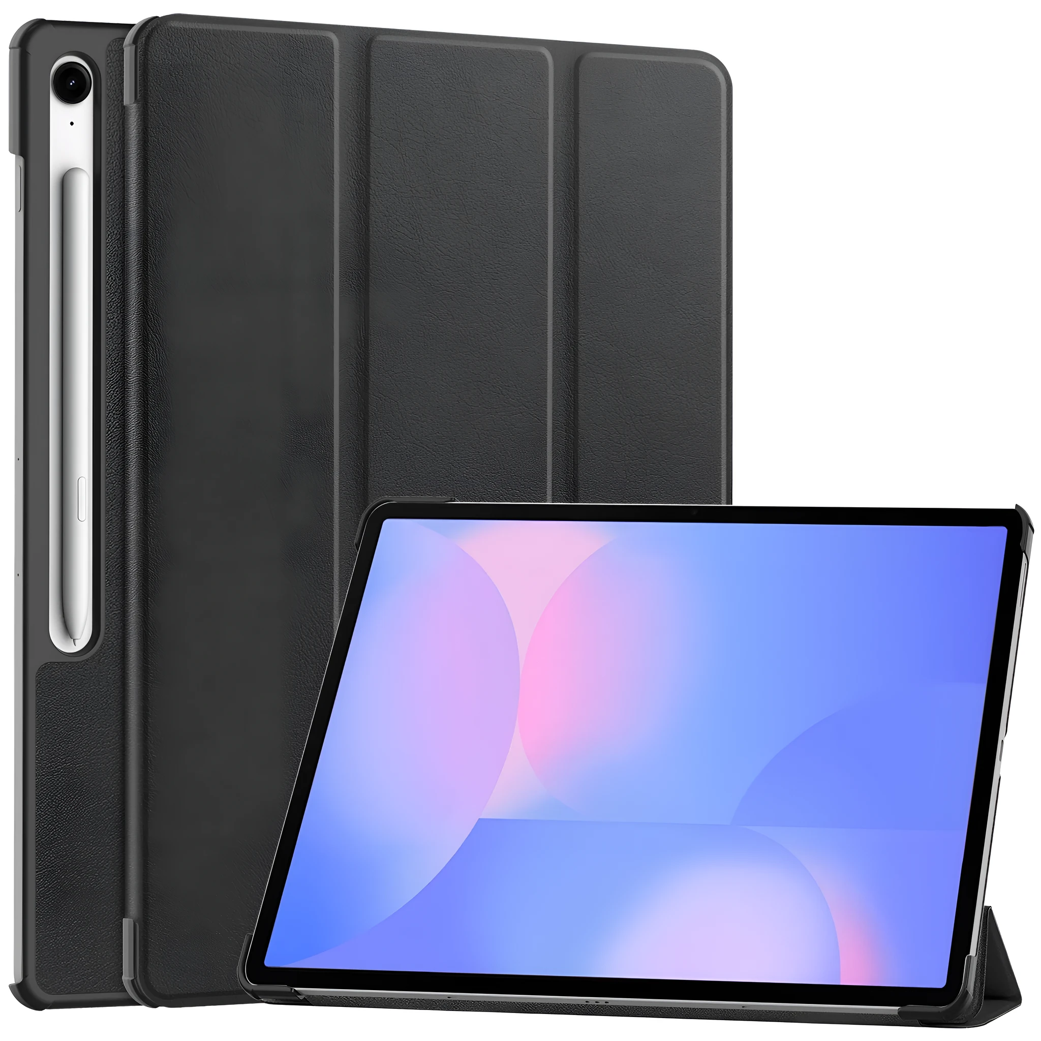 Samsung Tab S10 FE Plus 13.1-inch tri-fold hard protective case in black with integrated kickstand open.