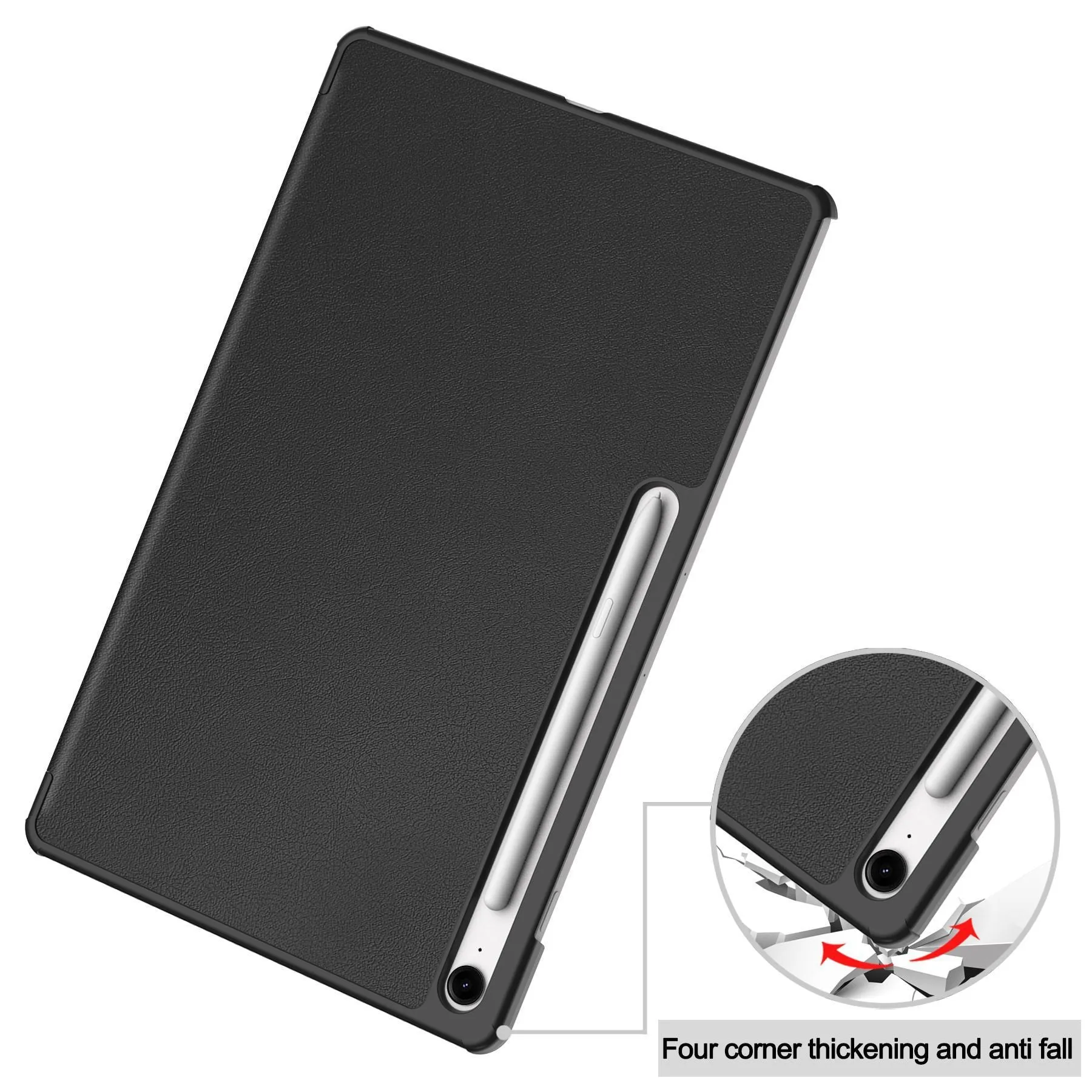 Samsung Tab S10 FE Plus 13.1-inch tri-fold hard protective case in black with integrated kickstand open.