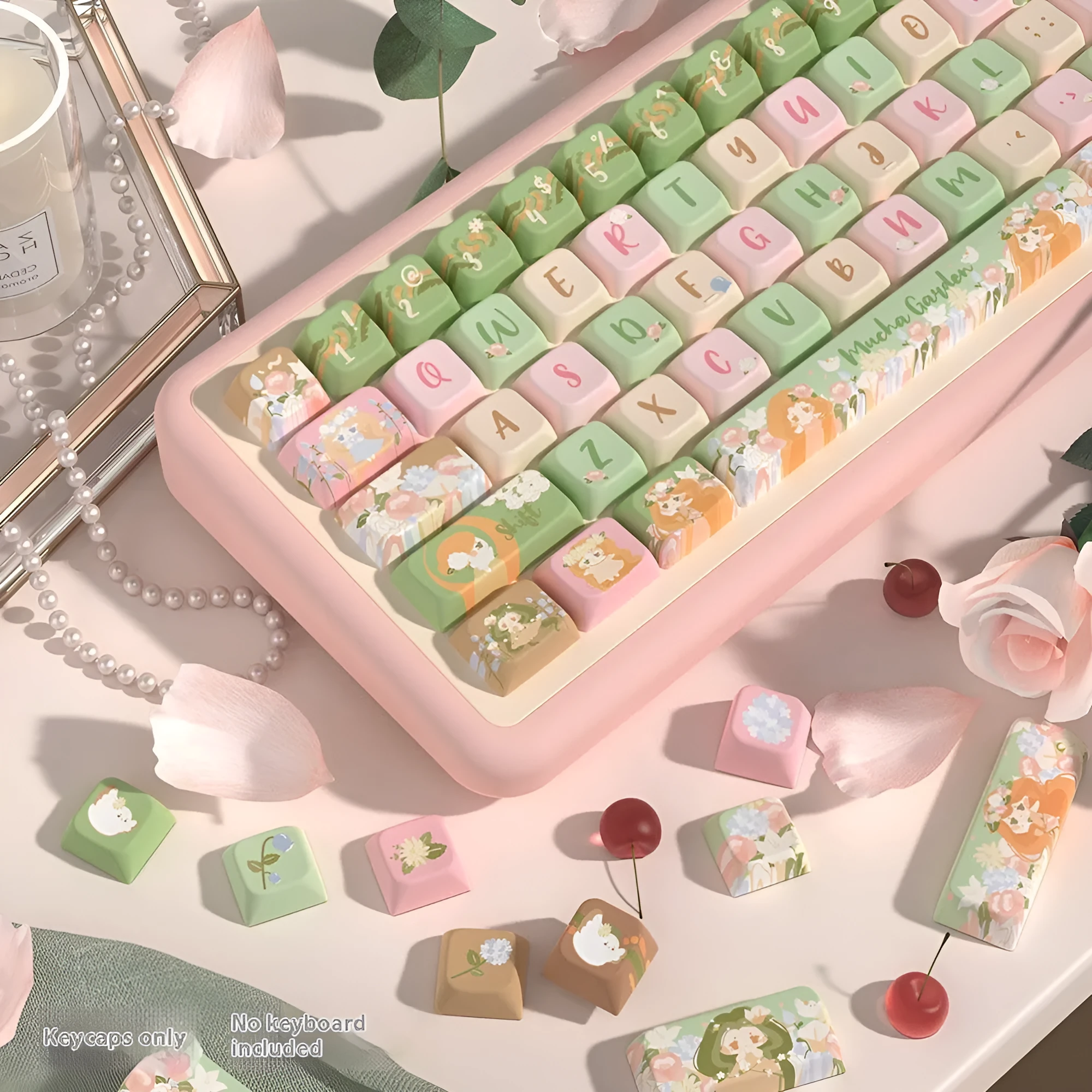 Set of mechanical keyboard key caps with a colourful summer garden design, shown in 138-key and 158-key options.