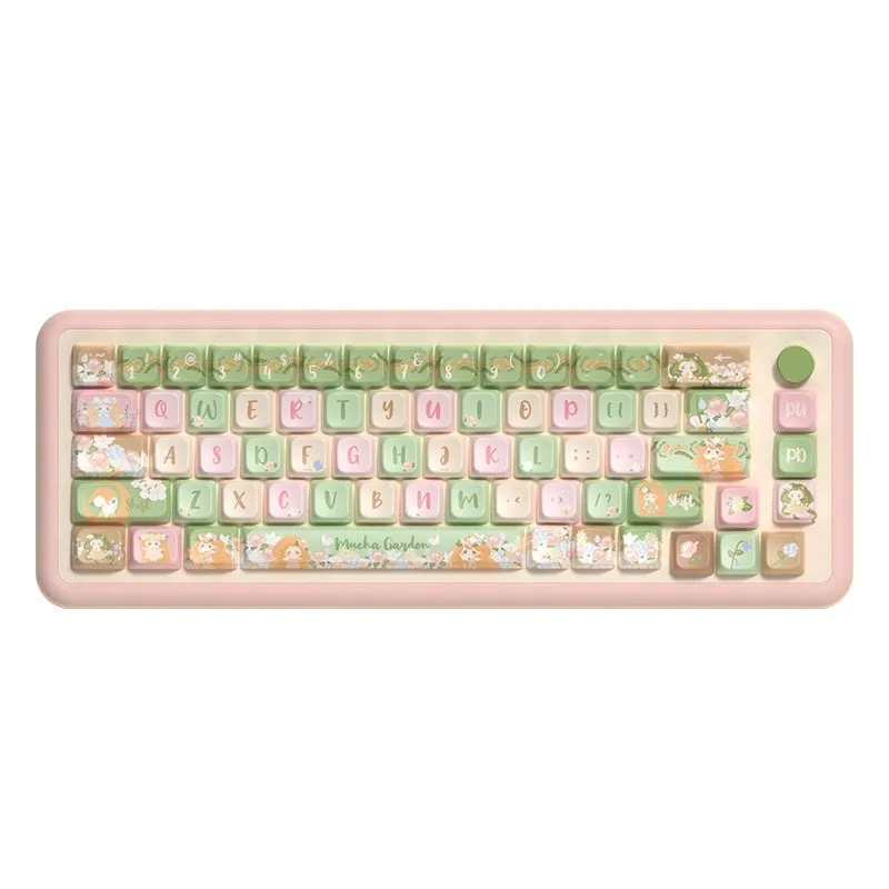 Set of mechanical keyboard key caps with a colourful summer garden design, shown in 138-key and 158-key options.