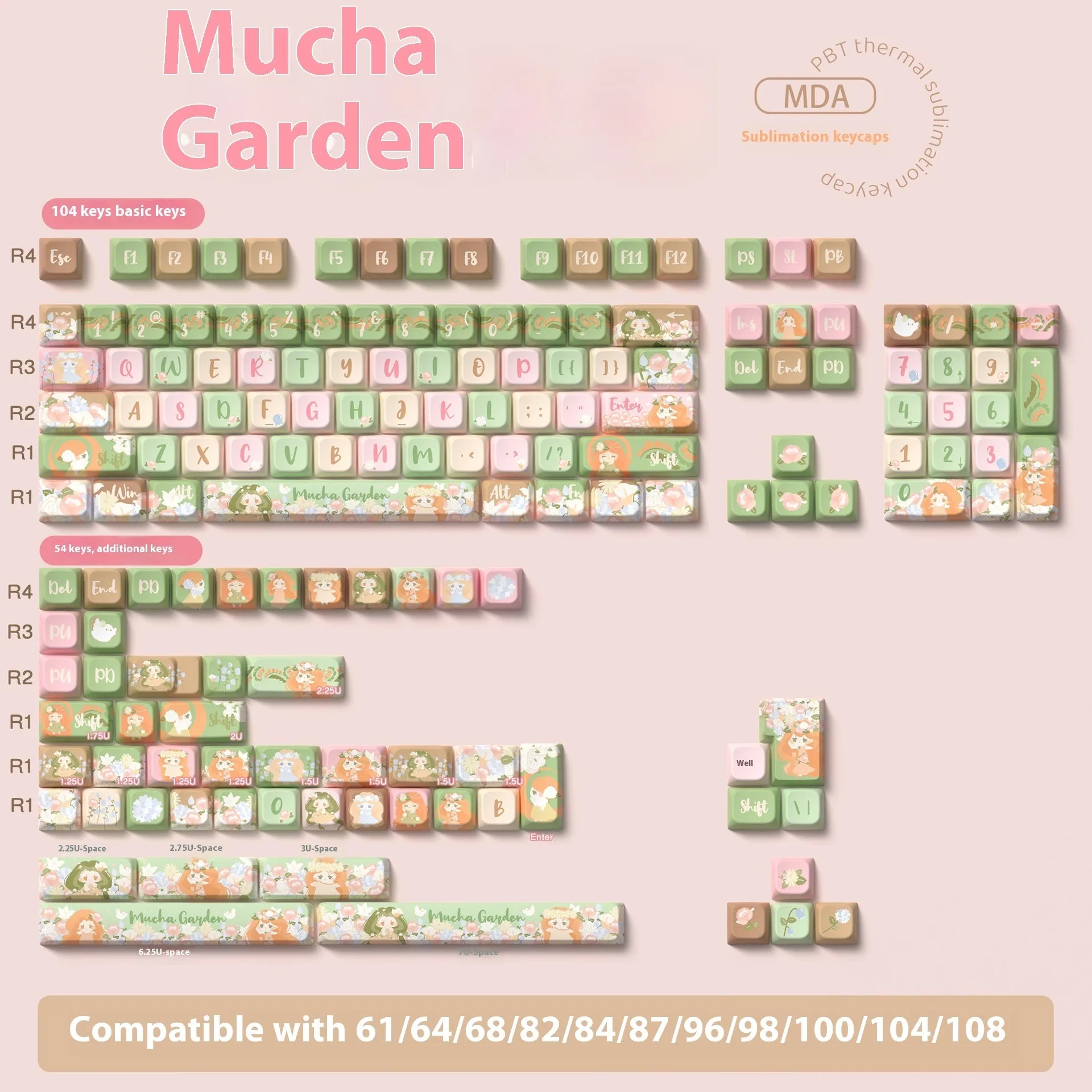 Set of mechanical keyboard key caps with a colourful summer garden design, shown in 138-key and 158-key options.