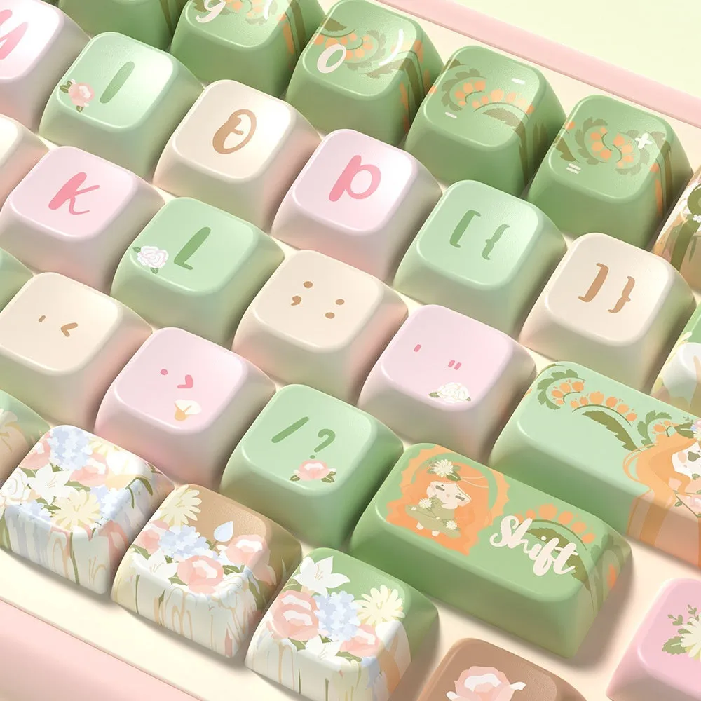 Set of mechanical keyboard key caps with a colourful summer garden design, shown in 138-key and 158-key options.