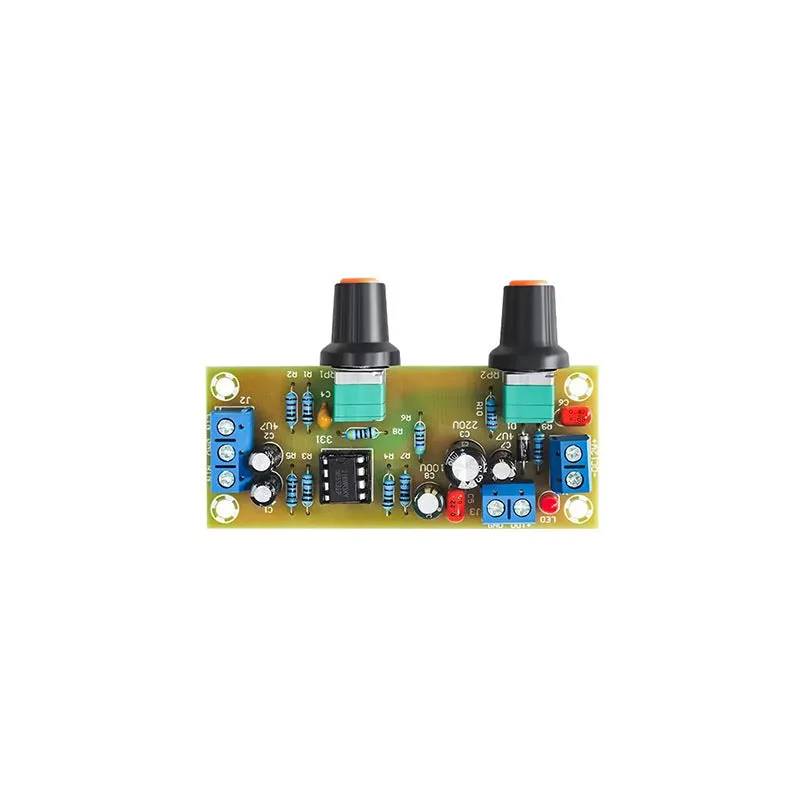 Single power supply 10-24V front stage audio board with bass boost, FR-4 PCB measuring 78x32mm