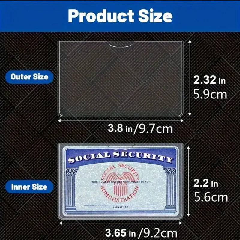 Clear transparent PVC social security card holder measuring 9.7 by 5.9 centimetres.
