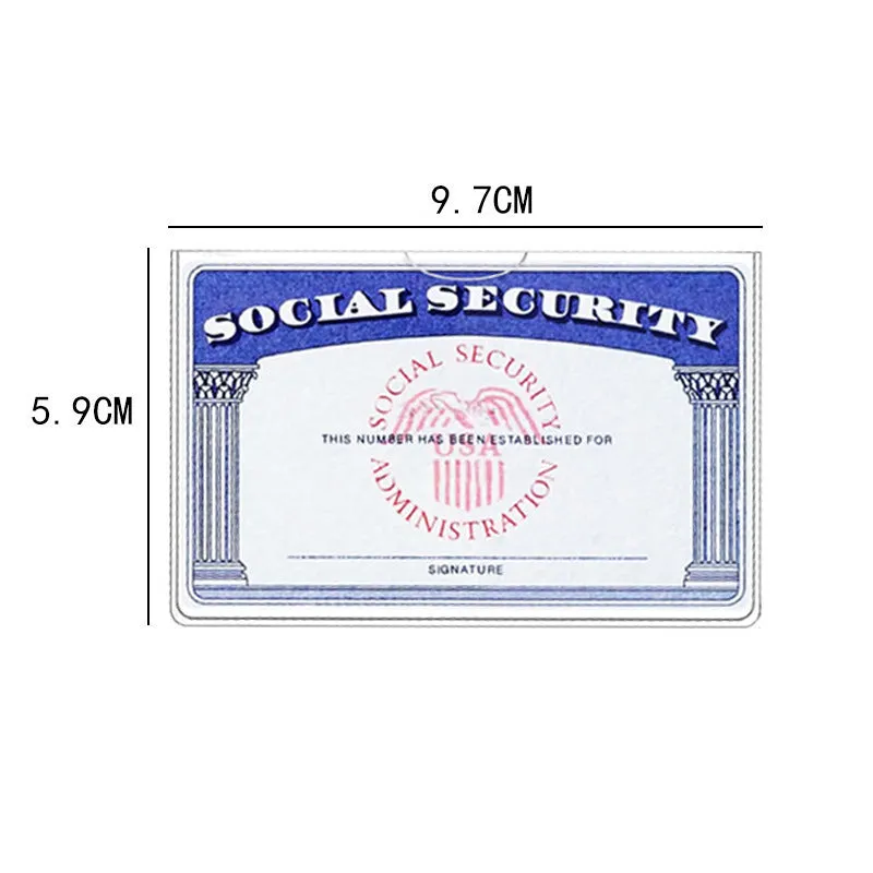 Clear transparent PVC social security card holder measuring 9.7 by 5.9 centimetres.