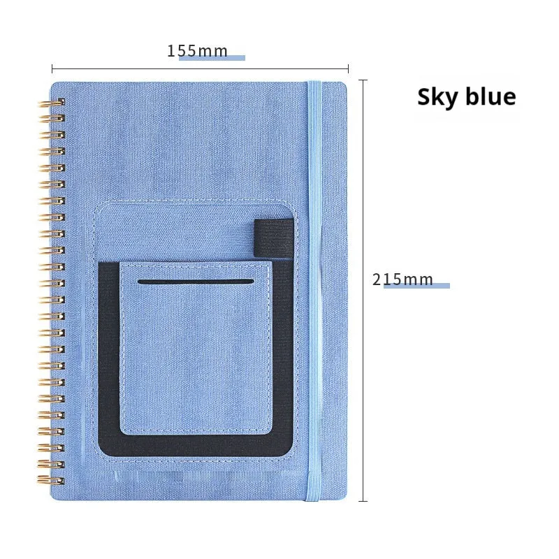 Erasable reusable coil notebook with rock stone paper, shown with a pen and cleaning cloth on a customisable cover.