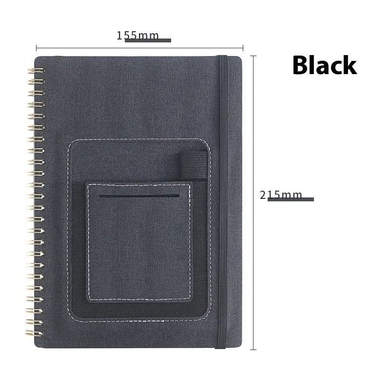 Erasable reusable coil notebook with rock stone paper, shown with a pen and cleaning cloth on a customisable cover.