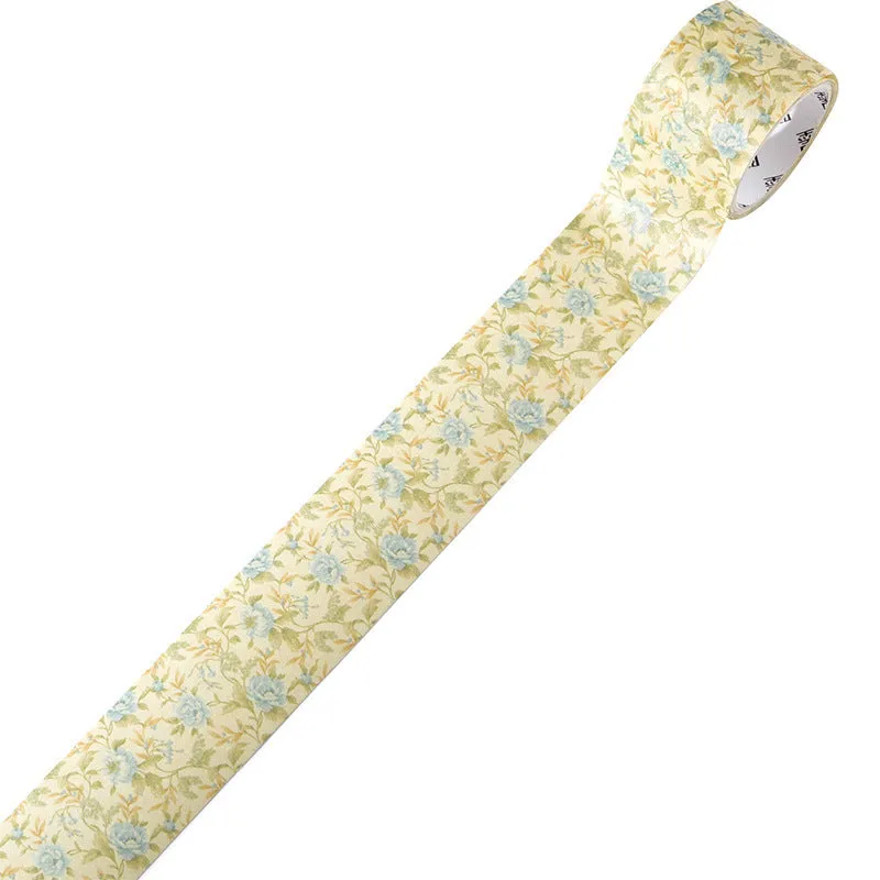 Roll of vintage floral watercolour washi tape on a Japanese paper base, showing patterns like Fog Mountain Forest.