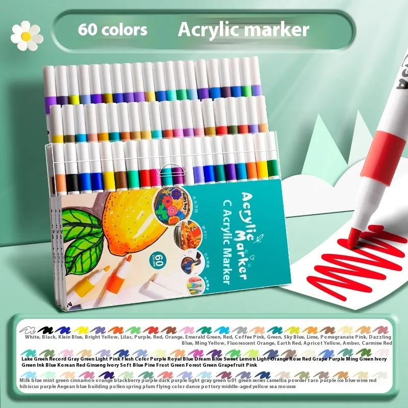 Set of multicolour acrylic marker pens for student art projects, available in boxes of 12 to 80 colours.
