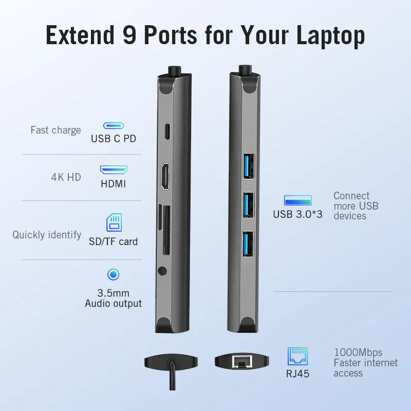 Deep grey Type-C to HDMI USB3.0 Ethernet adapter hub with SD and TF card slots on a desk.