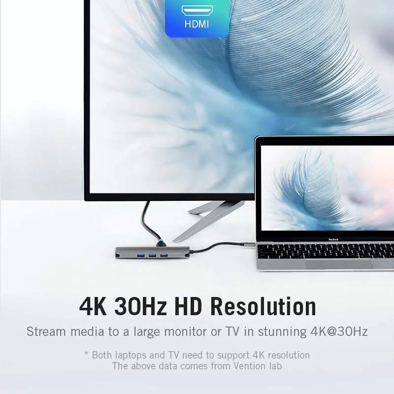 Deep grey Type-C to HDMI USB3.0 Ethernet adapter hub with SD and TF card slots on a desk.