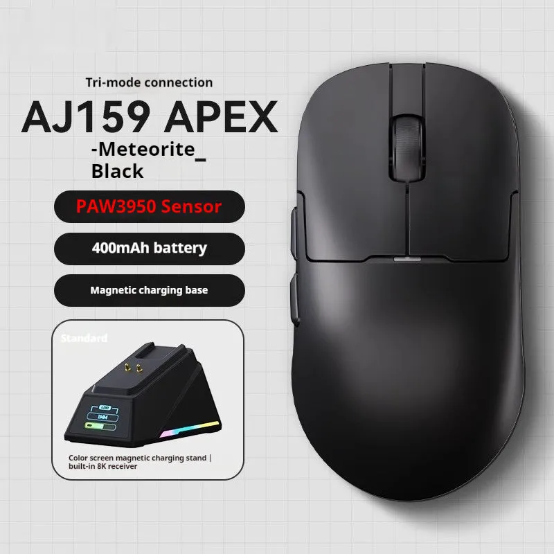 AJ159 tri-mode gaming mouse in various colours showing compact design with PAW3395 sensor