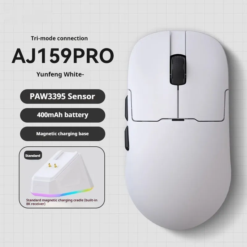 AJ159 tri-mode gaming mouse in various colours showing compact design with PAW3395 sensor