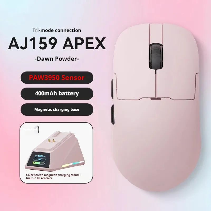 AJ159 tri-mode gaming mouse in various colours showing compact design with PAW3395 sensor