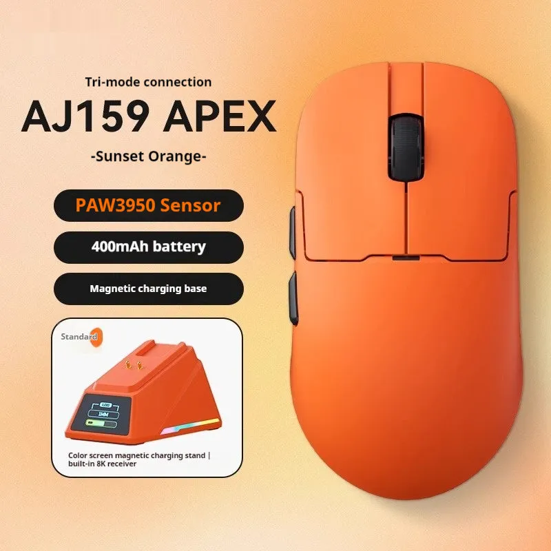 AJ159 tri-mode gaming mouse in various colours showing compact design with PAW3395 sensor