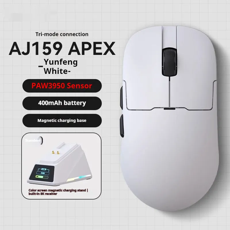 AJ159 tri-mode gaming mouse in various colours showing compact design with PAW3395 sensor