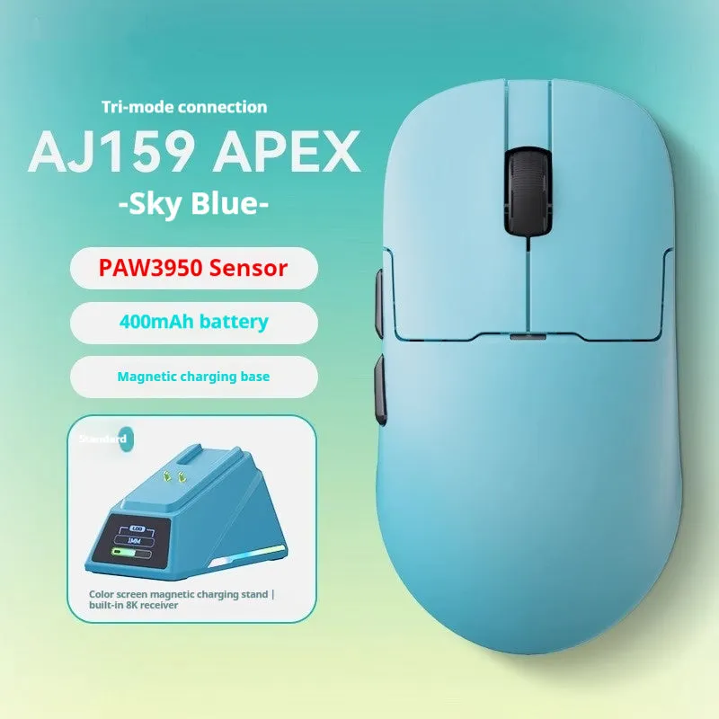 AJ159 tri-mode gaming mouse in various colours showing compact design with PAW3395 sensor