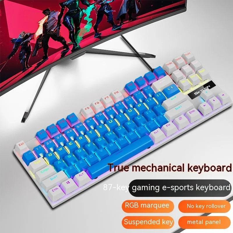 K87 mechanical wired keyboard with metal frame in selected colour, showing green or red switches and 1.4m USB cable.