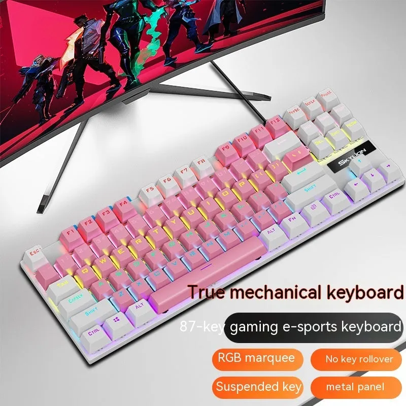 K87 mechanical wired keyboard with metal frame in selected colour, showing green or red switches and 1.4m USB cable.