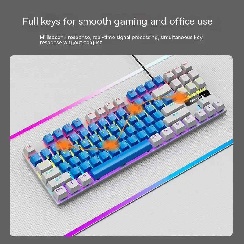 K87 mechanical wired keyboard with metal frame in selected colour, showing green or red switches and 1.4m USB cable.