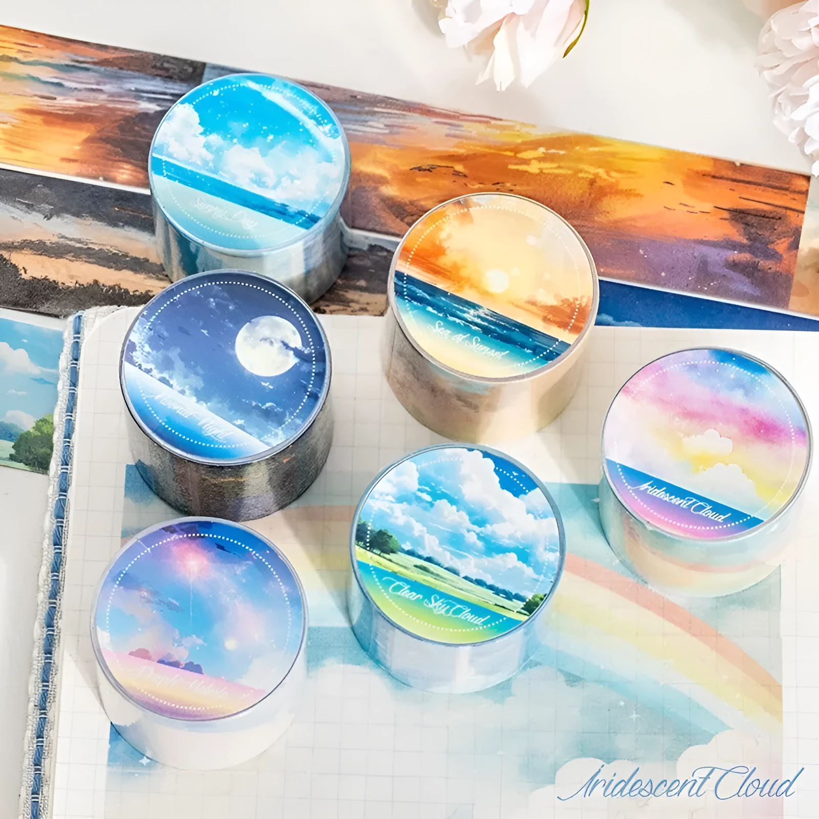 Japanese paper sky theme decorative washi tape roll showing colourful clouds design on 30mm width tape