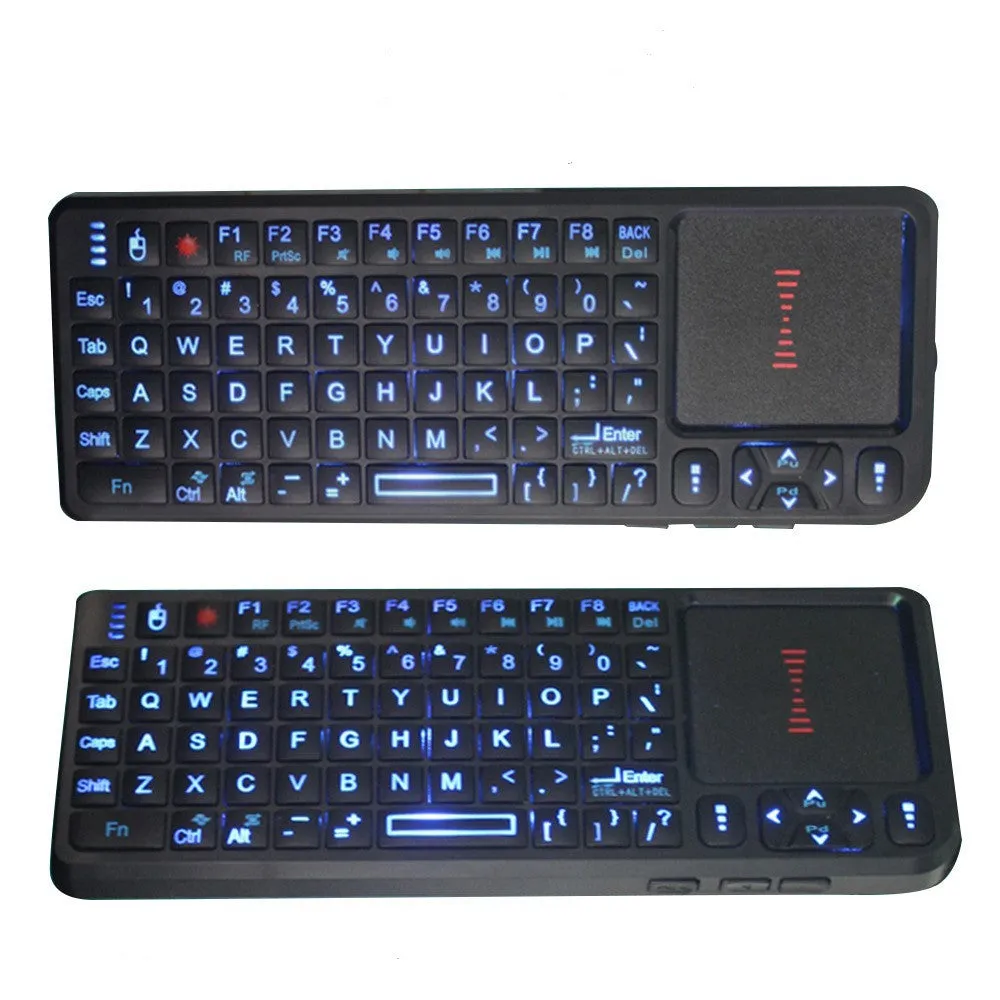 Black wireless mini keyboard with touch screen, shown next to a ruler indicating its 151mm length.