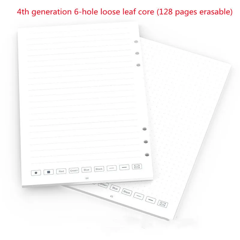 Loose leaf spiral notebook replacement paper core with pen and pencil refills on a table.