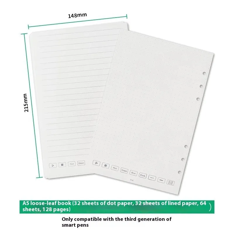 Loose leaf spiral notebook replacement paper core with pen and pencil refills on a table.