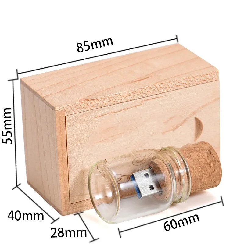 Chocolate brown wooden USB drive with custom lettering engraving in drift bottle storage disk design