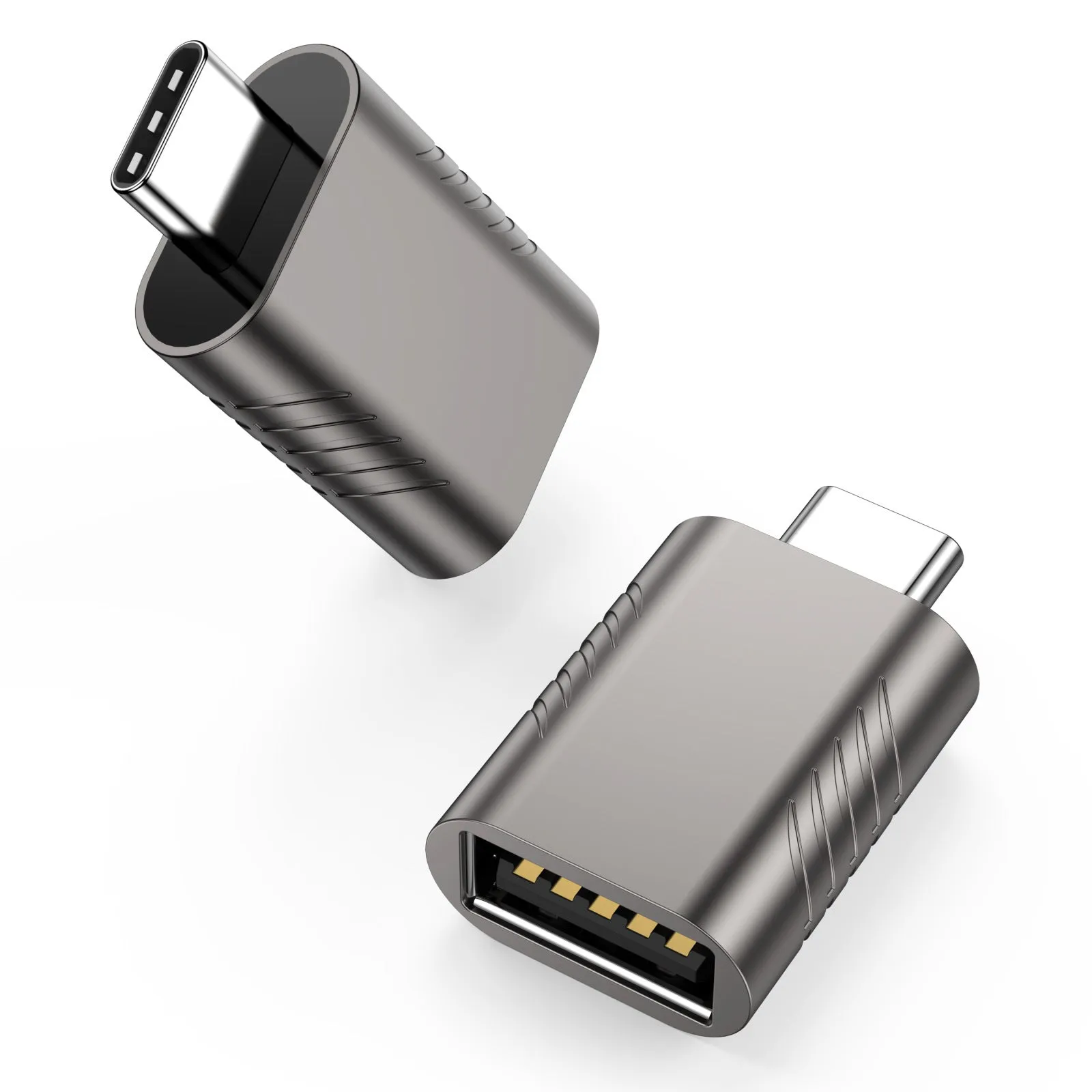Metallic USB data and charging converter adapter with zinc alloy shell in various colour options.