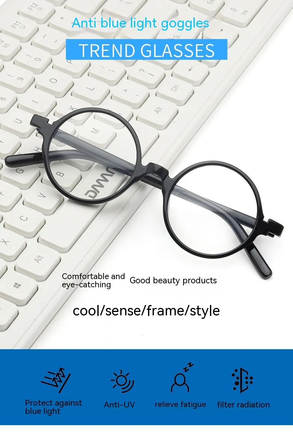 Retro round flat mirror glasses with PC frame in four colour options for Instagram style fashion