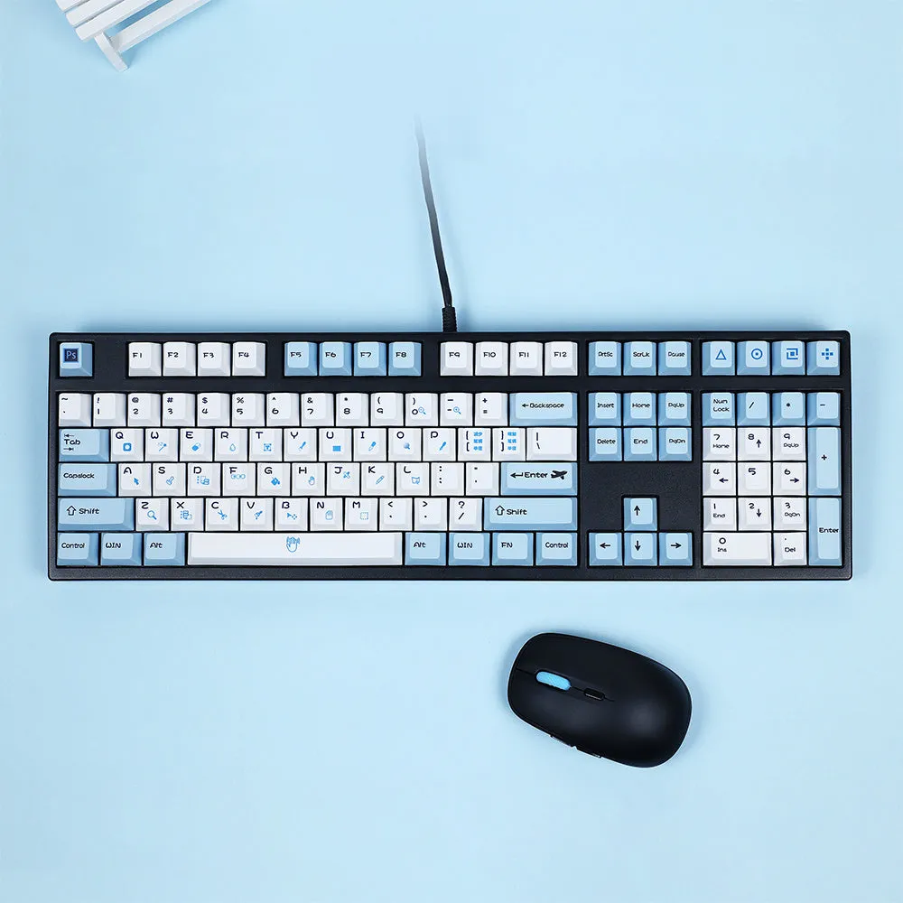 PS theme mechanical keyboard keycap set showing blue and white design with supplementary RGBK coloured keys
