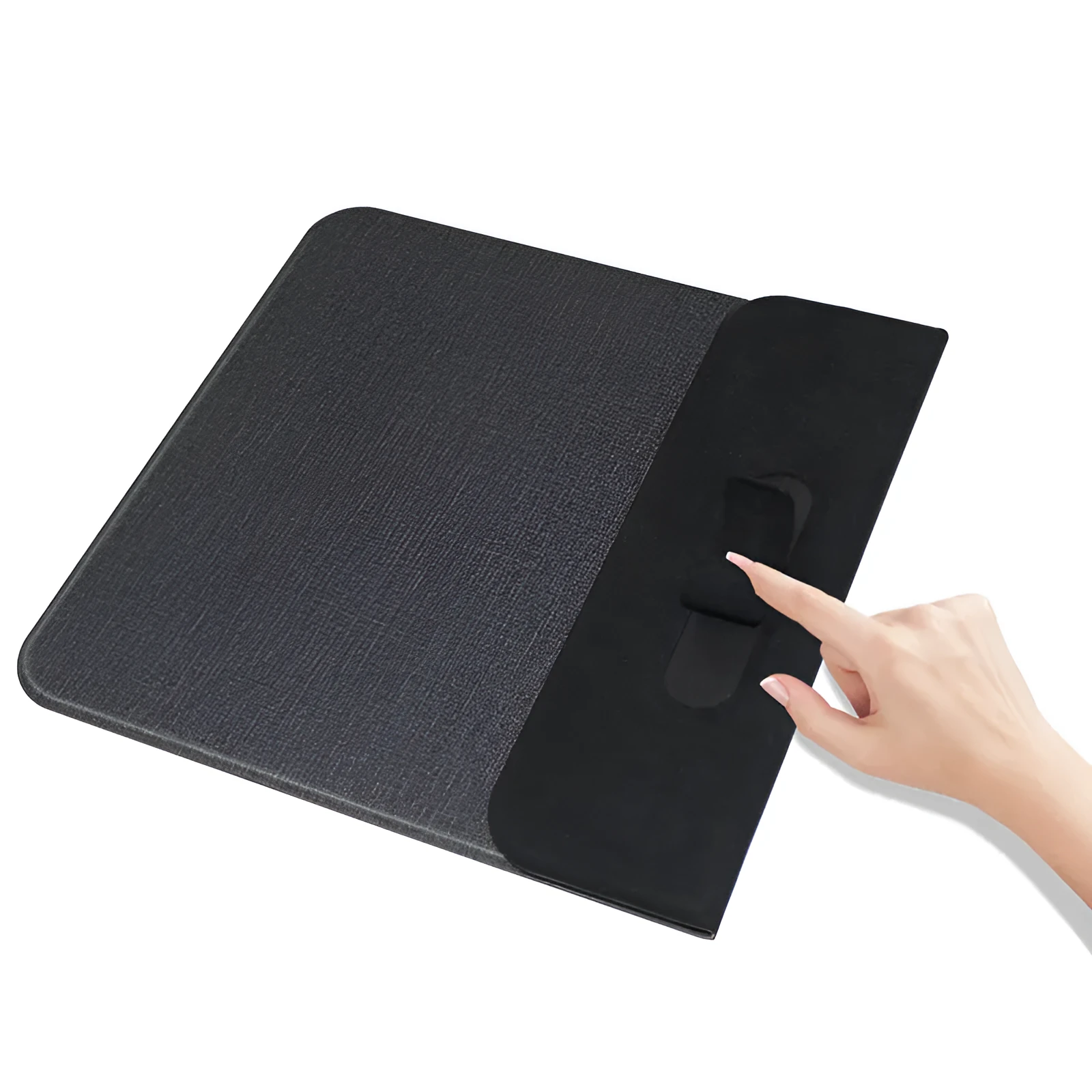 Grey foldable cloth phone holder with wireless charging stand on a desk