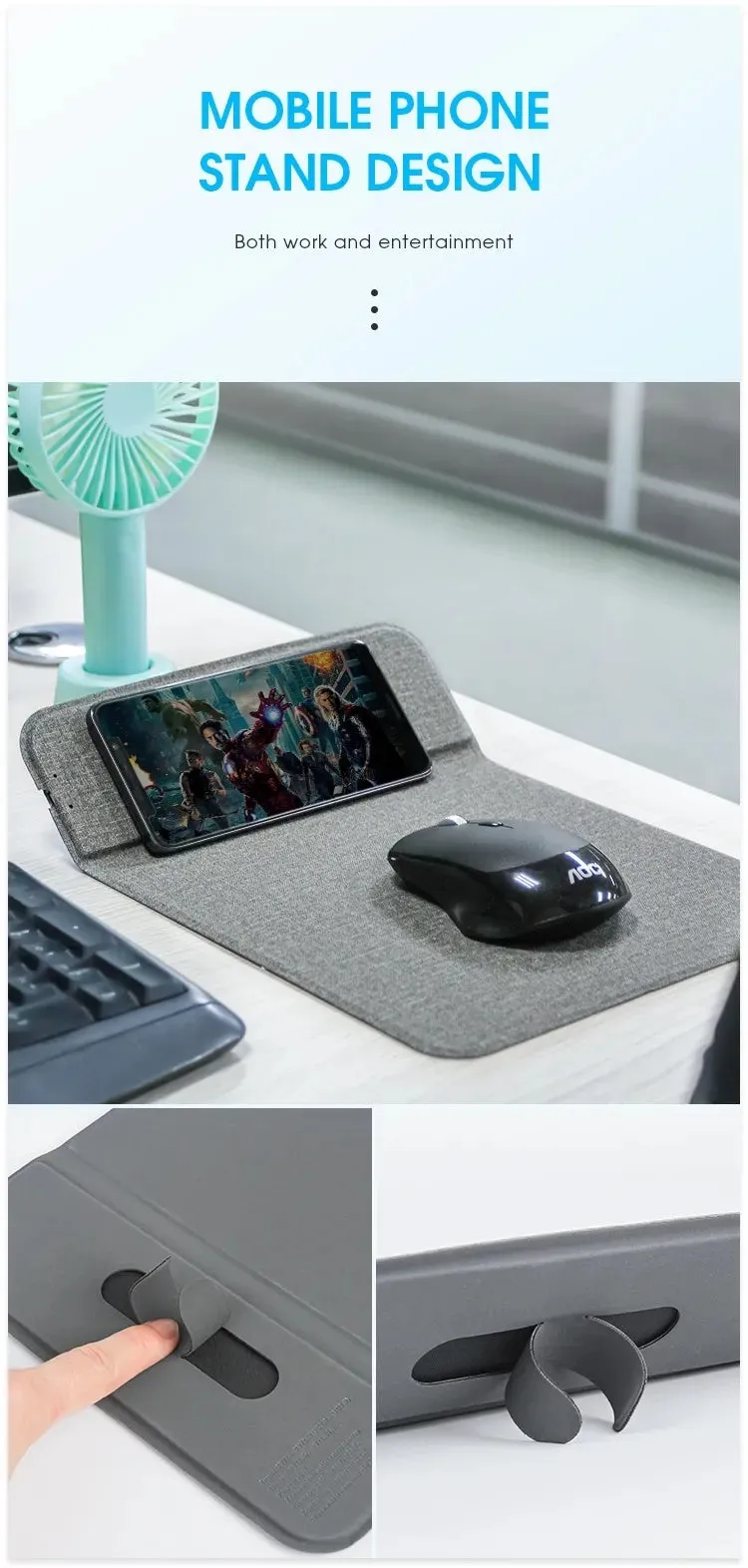 Grey foldable cloth phone holder with wireless charging stand on a desk