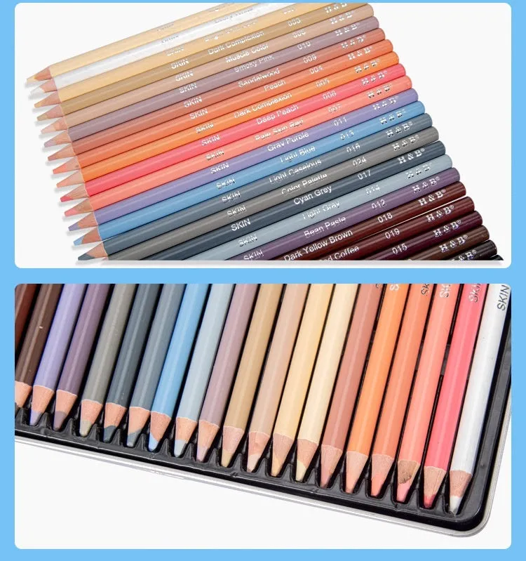 Set of 24 skin colour portrait pencils in an iron box round brush pot.
