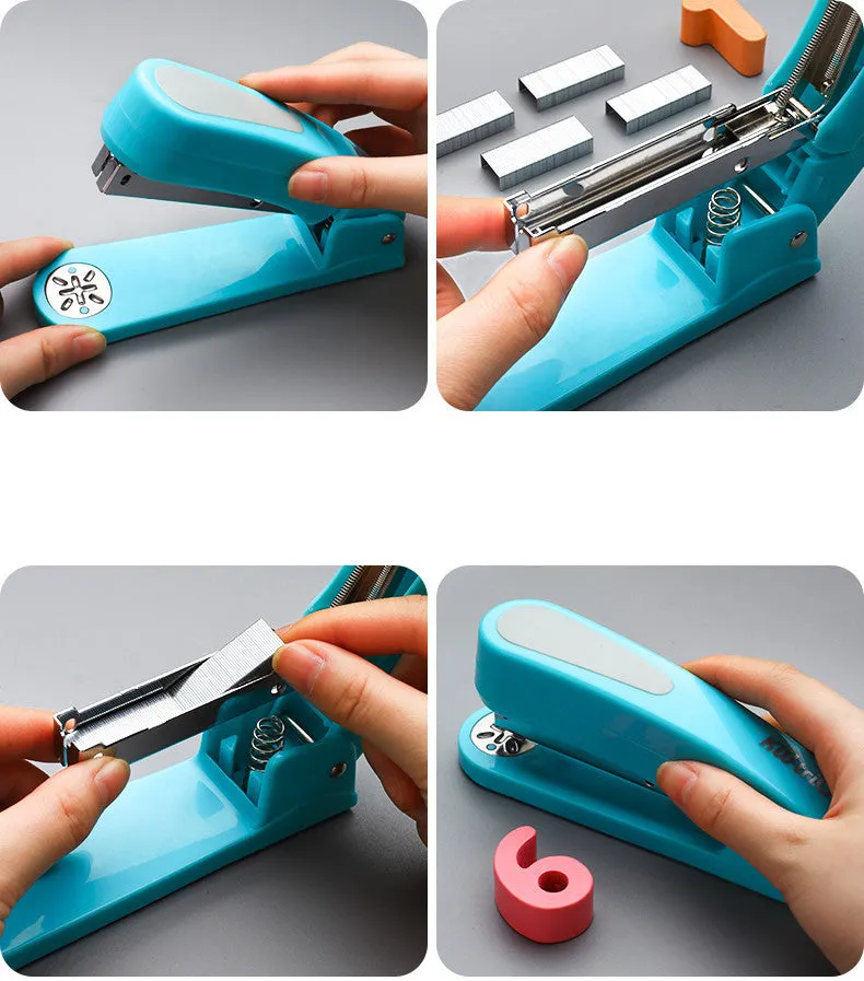 360-degree rotatable desktop stapler in various colours showing metal nail outlet and deep paper feed.
