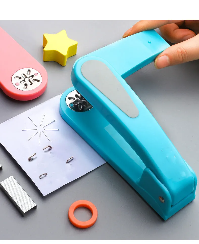 360-degree rotatable desktop stapler in various colours showing metal nail outlet and deep paper feed.