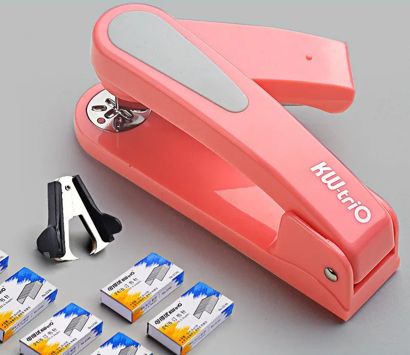 360-degree rotatable desktop stapler in various colours showing metal nail outlet and deep paper feed.