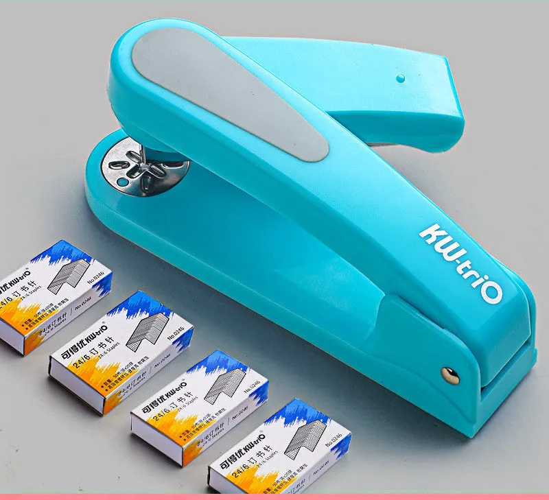 360-degree rotatable desktop stapler in various colours showing metal nail outlet and deep paper feed.