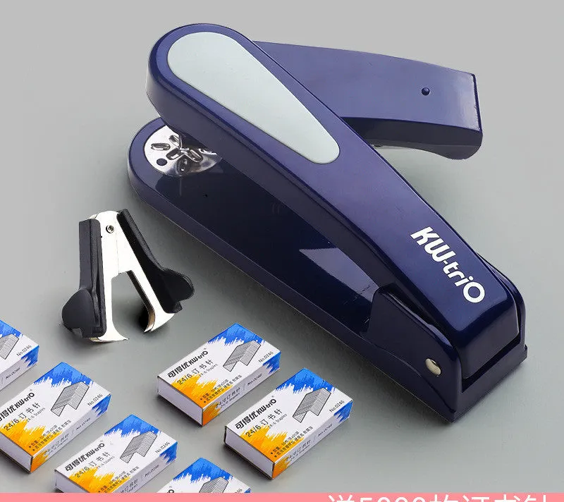 360-degree rotatable desktop stapler in various colours showing metal nail outlet and deep paper feed.